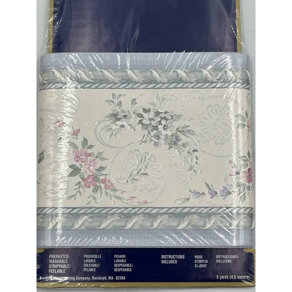 ViNtage Mirage prepasted Wallpaper Border Blue / Pink Flowers 5 yards NEW